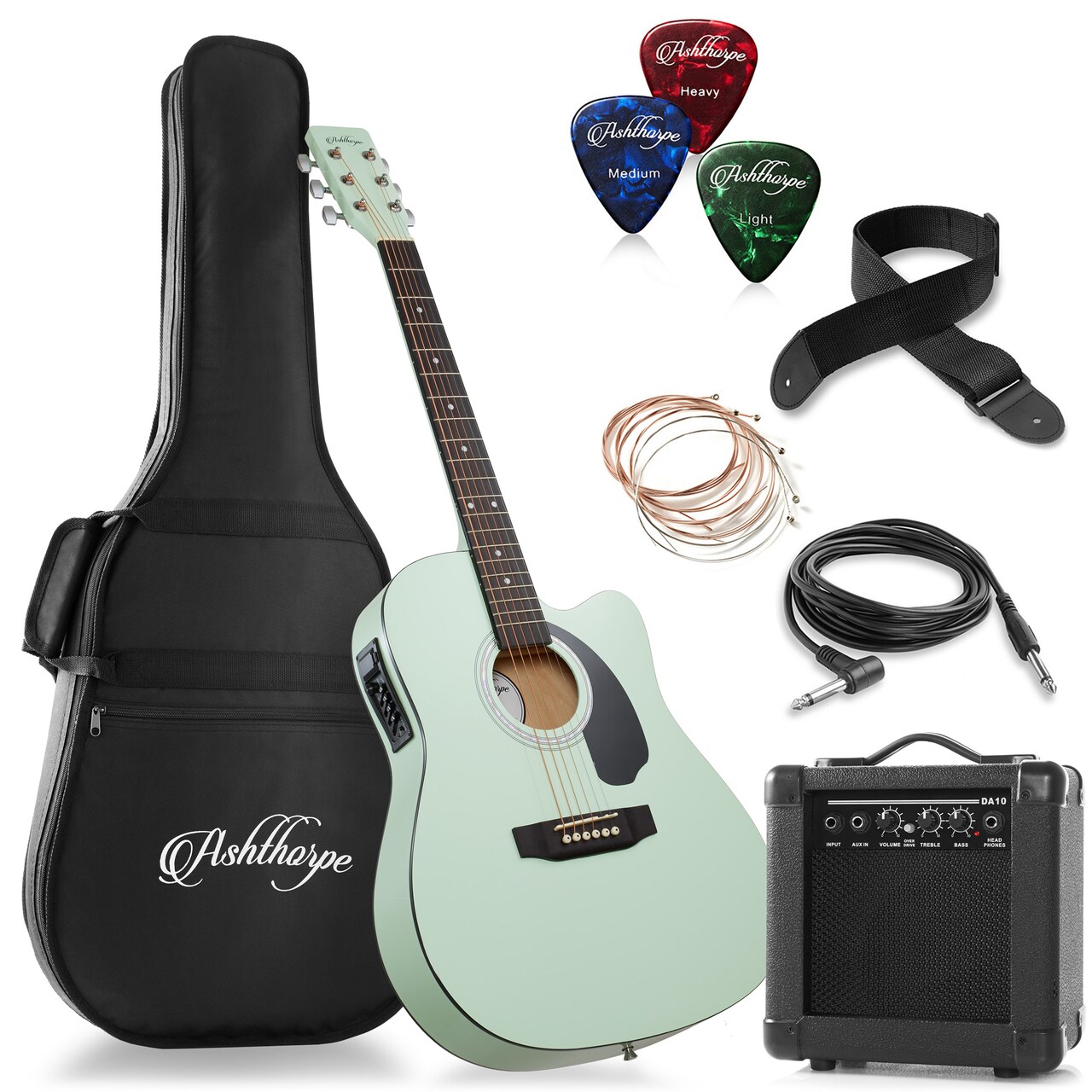Ashthorpe Full-Size Thinline Cutaway Acoustic Electric Guitar Package with 10 Watt Amp